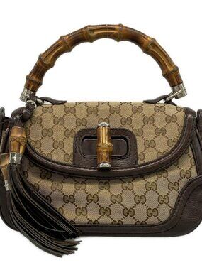 Gucci Handbag New Bamboo GG Pattern Beige Ebony Dark Brown Leather